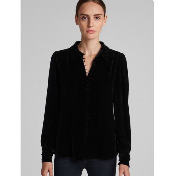 Frame Shirt Womens Velvet Collar Button Front Long Sleeve Blouse Top Black Sz S - Picture 1 of 11